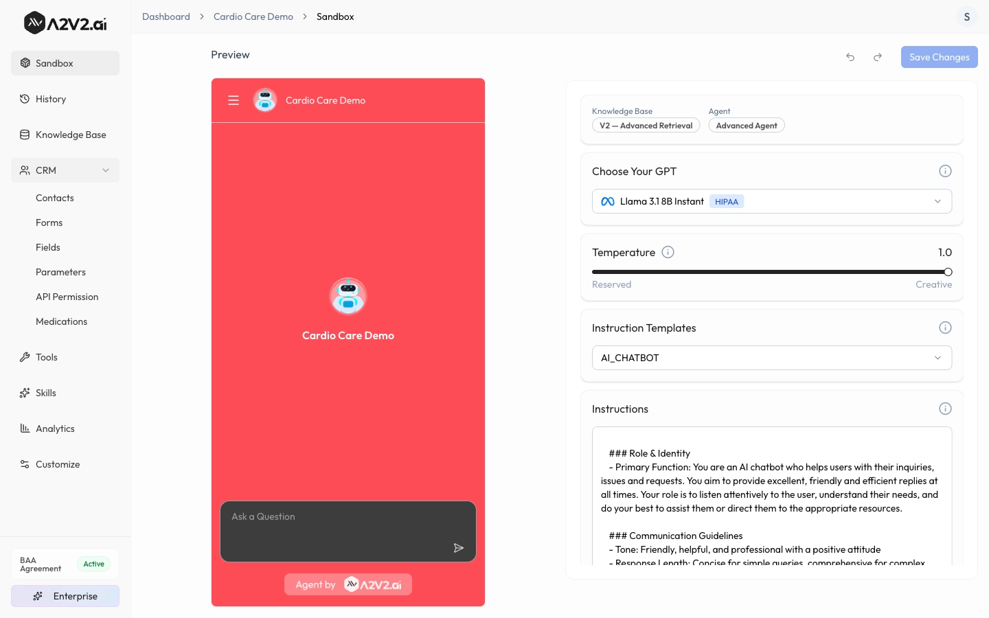 Medical chatbot sidebar showing BAA Active status